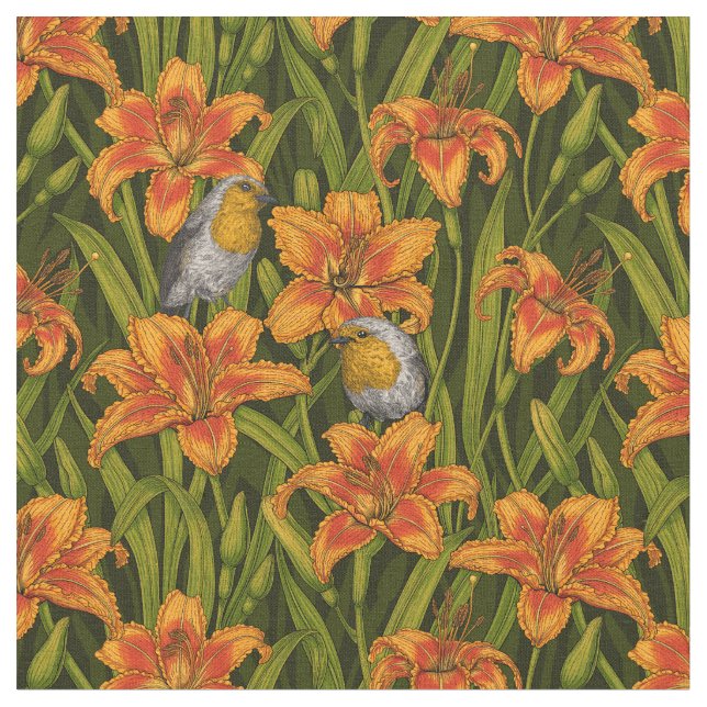 Tela Robins y flores de lirio, naranja y verde oscuro (De cerca)