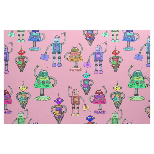 Tela Robots cutáneos y coloridos sobre fondo rosado ("Cuarto gordo" (fat quarter))