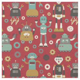 Tela Robots retro divertidos Patrón ilustrado (rojo)