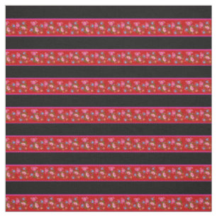 Tela Rojo brillante/negro, franja rosa, floral folk
