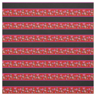 Tela Rojo brillante/negro, franja rosa, floral folk