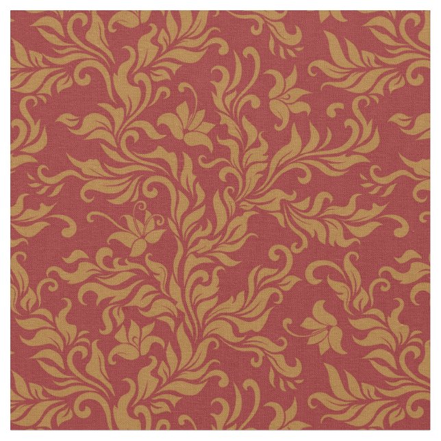 Tela Rojo y estampado de flores del oro (De cerca)