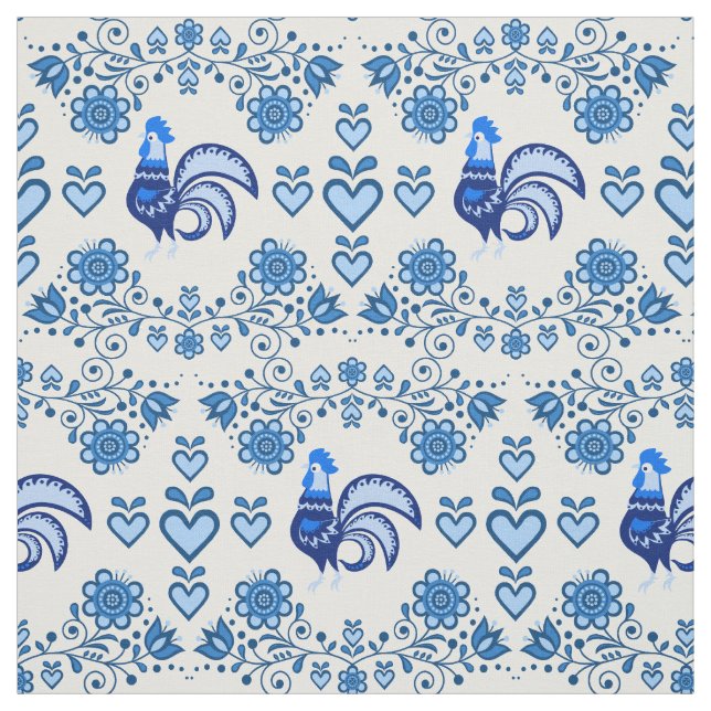 Tela Rooster folclórico/azul calcáreo, corazones/4" (Retal)
