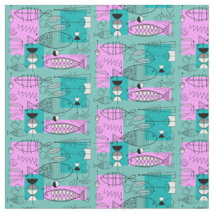 Tela Rosa caprichoso moderno y azul de los pescados de