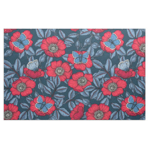Tela Rosa de perro y mariposas en azul y rojo