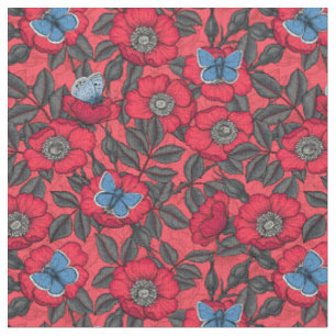 Tela Rosa de perro y mariposas en rojo y azul