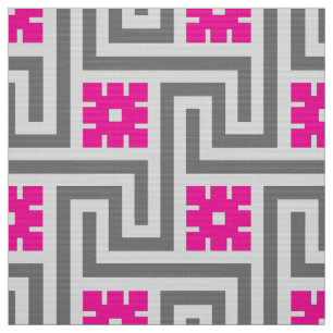 Tela Rosa gris/gris y del fucsia de la llave griega de