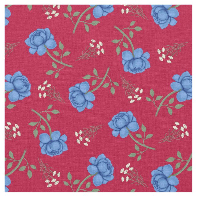 Tela Rosas Azules sobre Calicó Rojo (De cerca)