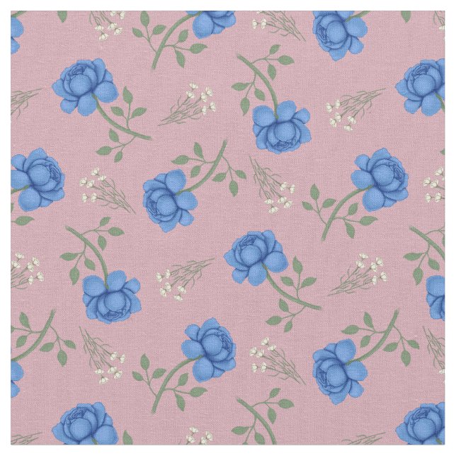 Tela Rosas Azules sobre Calicó Rosa (De cerca)