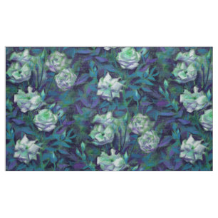 Tela "Rosas blancas, hojas azules", impresión floral no