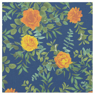 Tela Rosas Florales Navy Naranja Flores