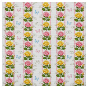 Tela Rosas Florales Rosa y Amarillo Raya Rosa