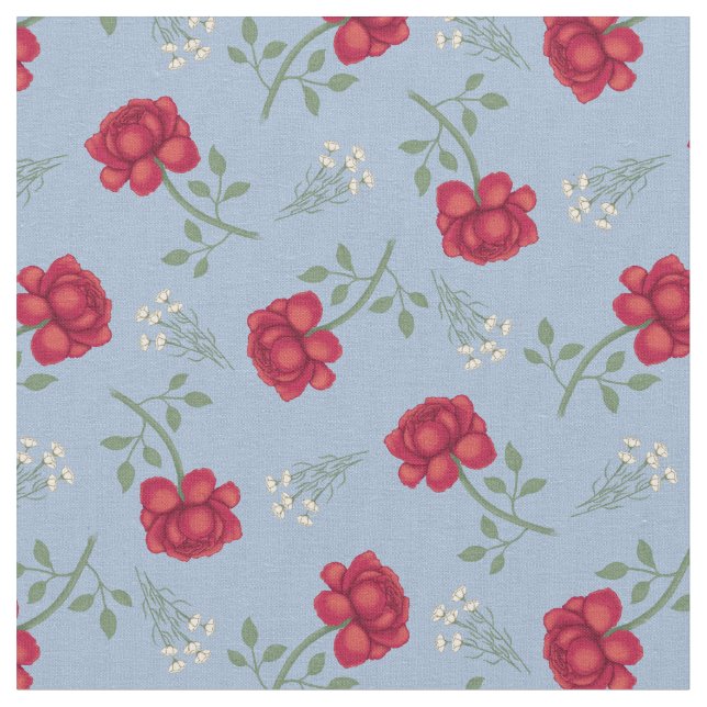 Tela Rosas rojas sobre calicó azul claro (De cerca)