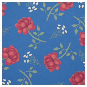 Tela Rosas Rojas sobre Calico Azul Mediano Sobredimensi