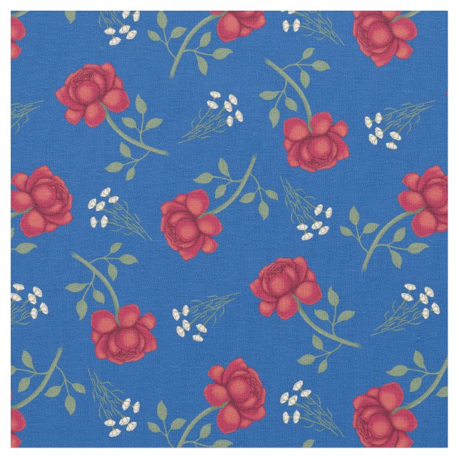 Tela Rosas rojas sobre calicó azul medio (De cerca)