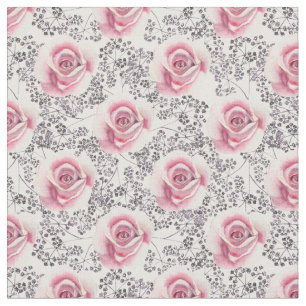 Tela Rosas rosadas con fondo floral negro y blanco