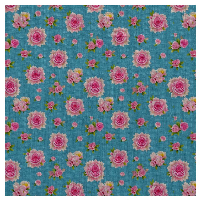 Tela Rosas rosadas sobre un fondo azul (Retal)