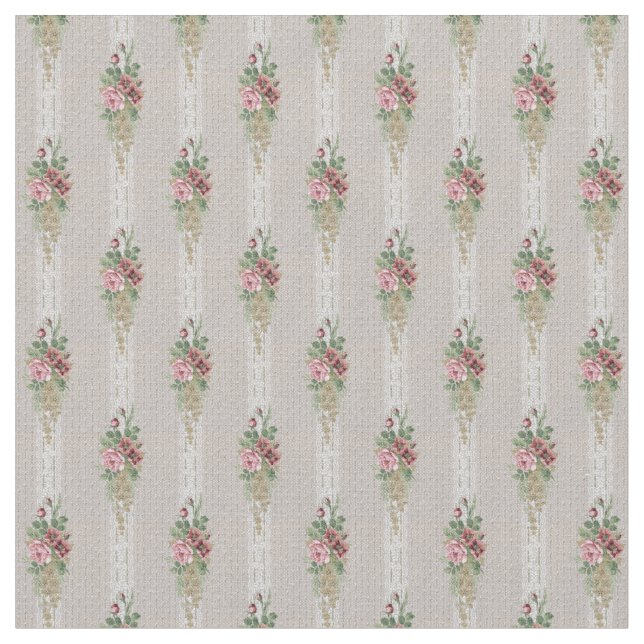 Tela Rosas rosadas victorianas y franjas de encaje blan (De cerca)