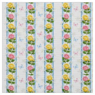 Tela Rosas Rosadas y Amarillas Raya Azul Floral