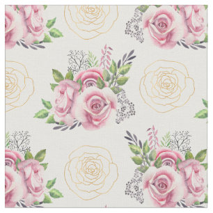 Tela Rosas rosadas y flores doradas acuarela