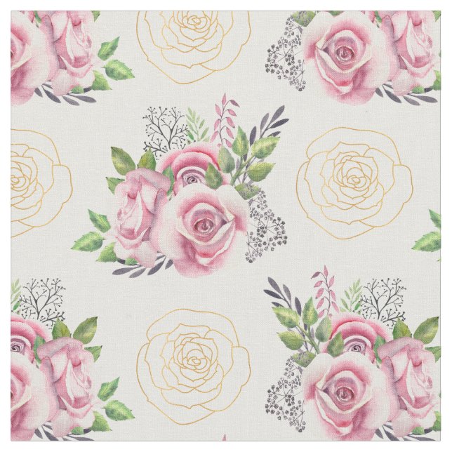 Tela Rosas rosadas y flores doradas acuarela (De cerca)