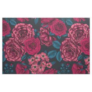 Tela Rosas rosados, rojos y bicolorantes con hojas azul