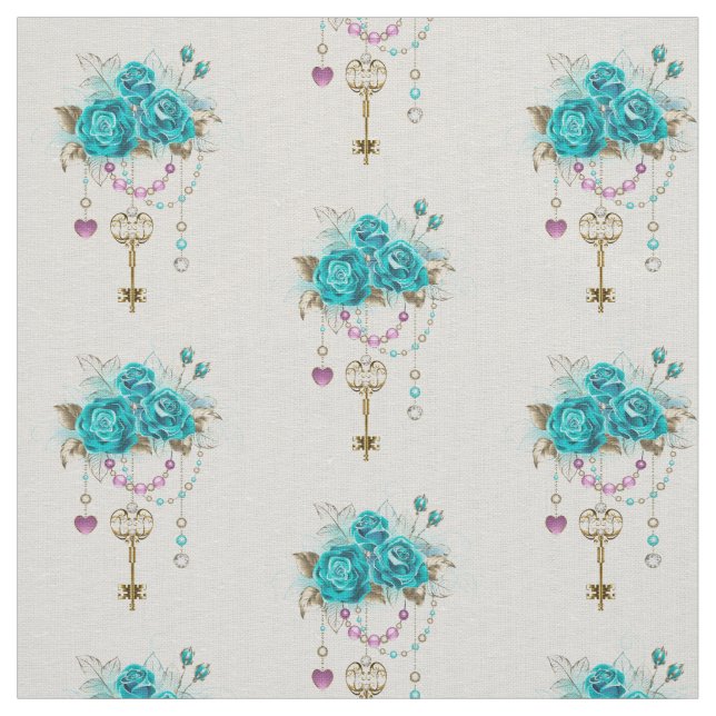 Tela Rosas turquesas con llaves (Retal)