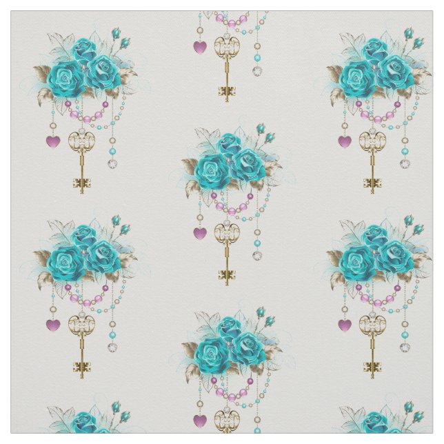 Tela Rosas turquesas con llaves (Retal)