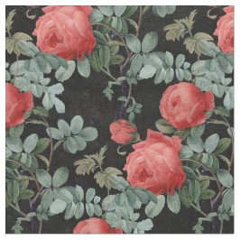 Tela Rosas y hojas rojas antiguas en negro