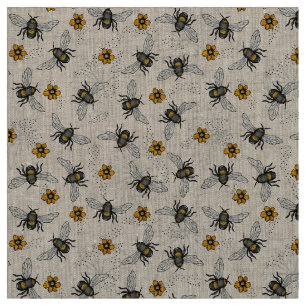 Tela Rústica De Lino Natural Ilustrada Abeja Floral