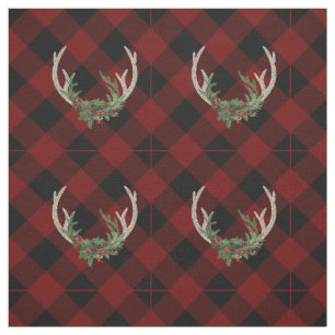 Tela Rústico Boho Deer Antlers   Navidades Plaid Floral