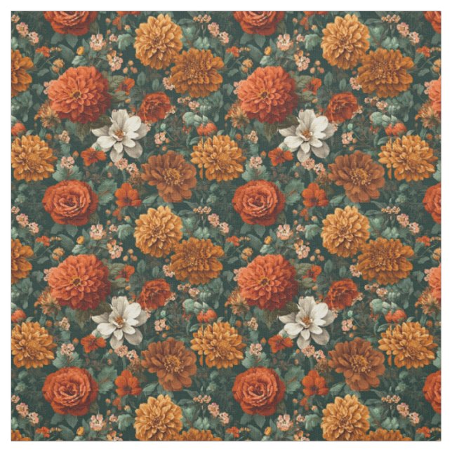 Tela Rústico Floral Botánico Verde Naranja Quemado Enér (Retal)
