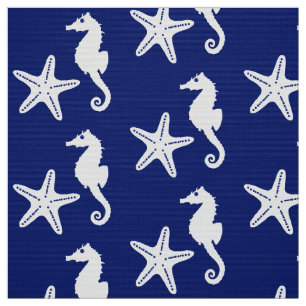 Tela Seahorse y estrellas de mar - azules marinos y