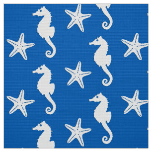 Tela Seahorse y estrellas de mar - blanco en azul de