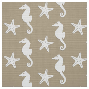 Tela Seahorse y estrellas de mar - blanco en moreno de