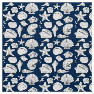 Tela Seashell Drawing White Navy Blue  Nautical
