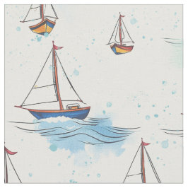 Tela Serene Blue Red Sailing Bots on Sea Pattern