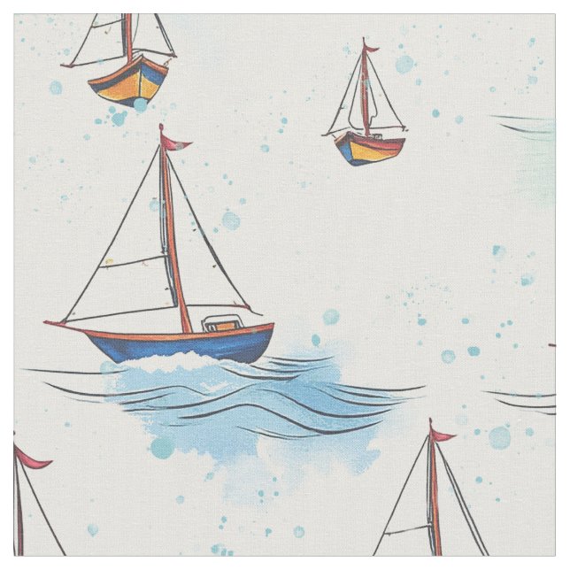 Tela Serene Blue Red Sailing Bots on Sea Pattern (De cerca)