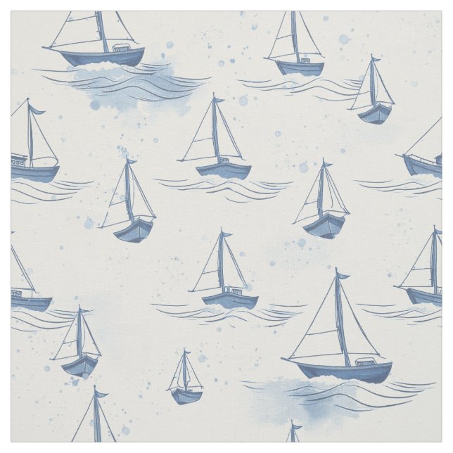 Tela Serene Blue Sailing Bots on Sea Pattern (Retal)