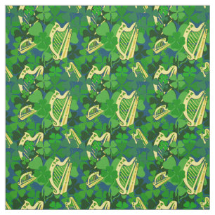 Tela Shamrock irlandés, negro, irlandés harp print, azu
