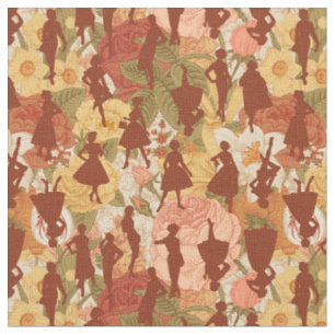Tela silueta vintage de mujeres floridas de los años 50