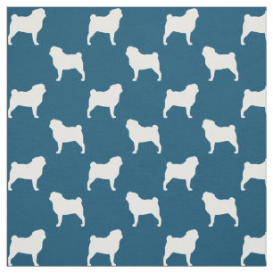 Tela Siluetas de raza de perro Pug patrón azul y blanco