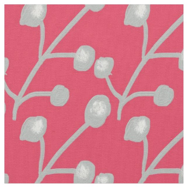 Tela Silver Grey Patterned Foliage on Bright Pink Red (De cerca)