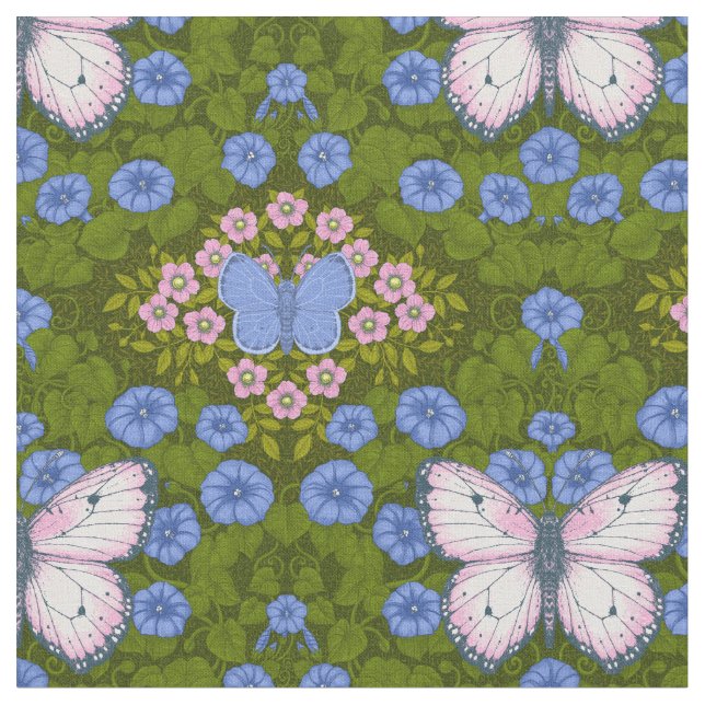 Tela Simetría de mariposas y flores, azul y rosa (De cerca)