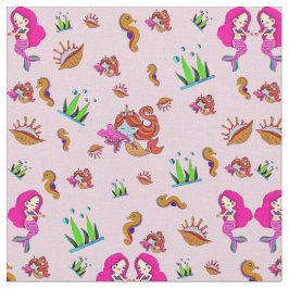 Tela Sirenas de malva rosa con caballitos de mar y conc