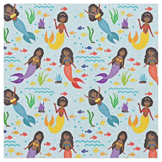 Tela Sirenas submarinas y peces coloridos sobre el azul (De cerca)