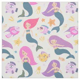 Tela Sirenita divertida y patrón de peces en blanco