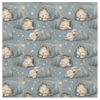 Tela Sleepy Cats Under Starry Sky Cozy Blue Pattern