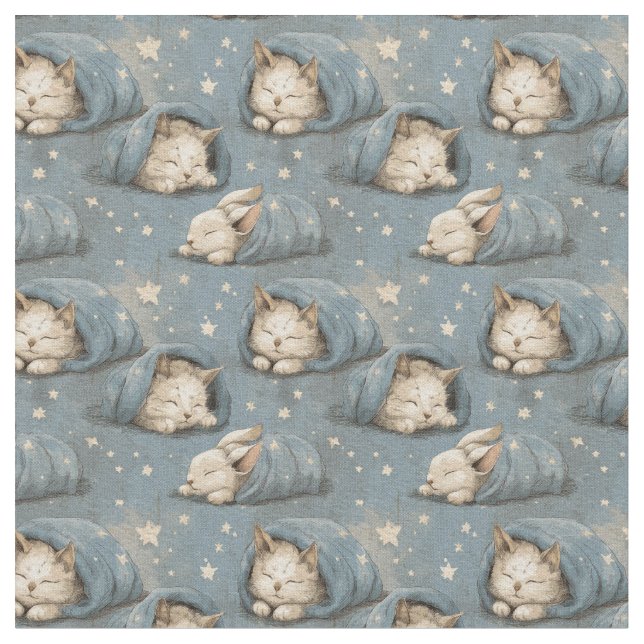 Tela Sleepy Cats Under Starry Sky Cozy Blue Pattern (De cerca)