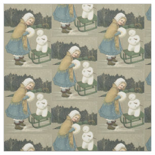 Tela Snowman, Chica sonriente Sleigh Snow Woods